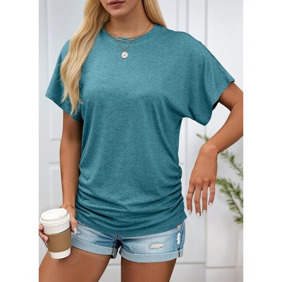 🆕 Women Green Summer Crewneck Dolman Tops Side Shirring Short Sleeve T Shirts - Picture 2 of 4